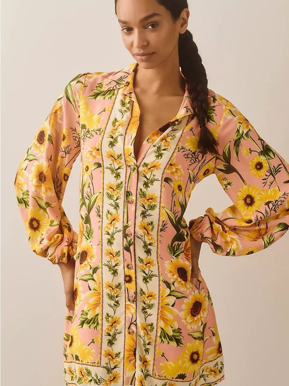 FARM Rio x Anthropology Pink Sunflower Button-Front Tunic Dress